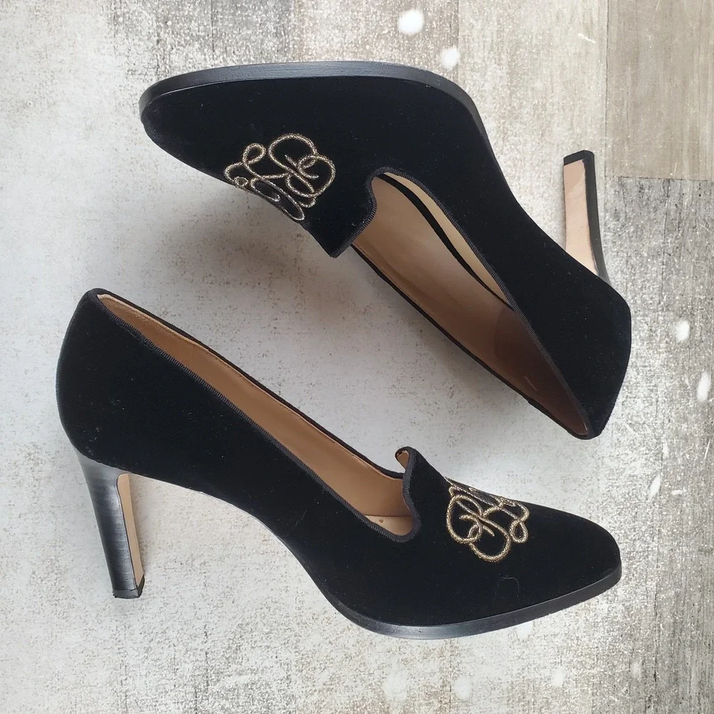 Lauren Ralph Lauren Corah Womens Pumps Sz 8.5 B Black Velvet Logo Stiletto Heel